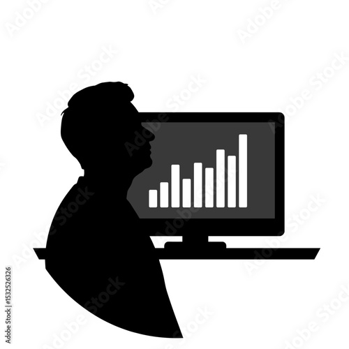 Silhouette of dad watching data bar chart on smart TV, digital analysis concept
