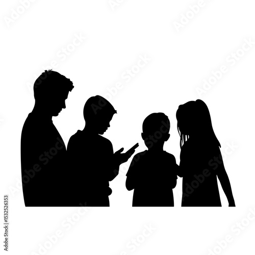Silhouette of siblings using device, family interaction on white background