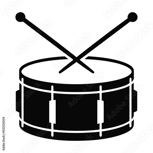 Simple black and white drum with sticks icon