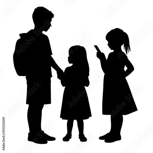 Silhouette of children using smartphone on white background, digital safety and family tech use