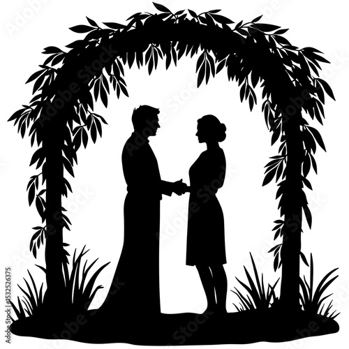 Silhouette couple exchanging vows under arch, timeless wedding ceremony in garden