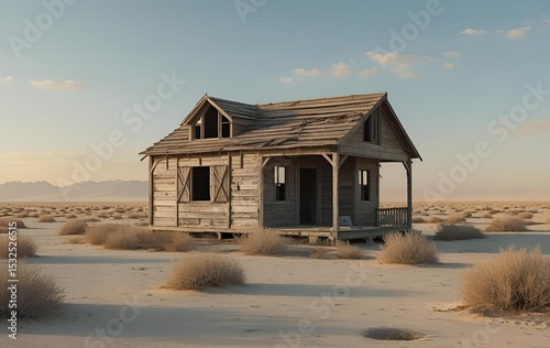 An abandoned wooden house in the middle of the desert