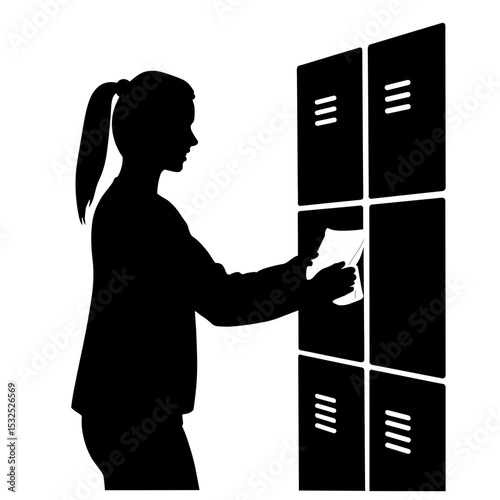 Silhouette of girl placing snack pouch in locker, school routine simplicity