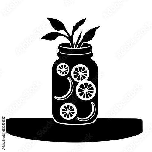 Silhouette jar with lemon slices and mint, detox simplicity and wellness copyspace