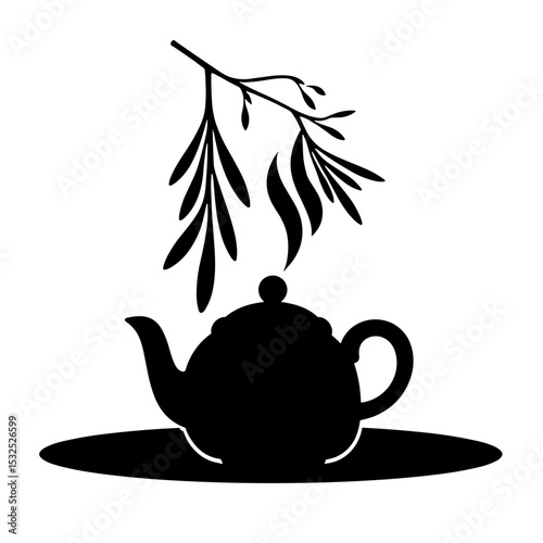 Silhouette of steaming tea kettle with hanging herbs, herbal detox illustration