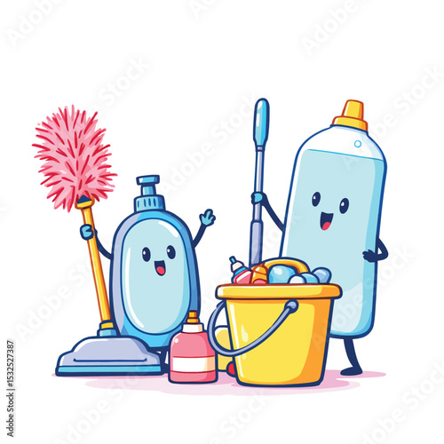 Vsai cleaning products holding cleaning tools and smiling