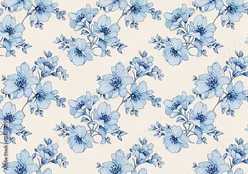 Elegant seamless pattern featuring repeating watercolor floral blooms in shades of blue and cream