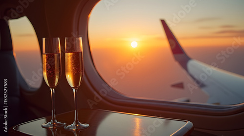 On board a private plane on the table are two champagne glasses against a bright sunset and a wing of the aircraft.Champagne on an airplane against the background of sunset.