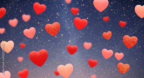 Floating red and pink hearts with sparkling lights in a romantic celestial background for love and romance.