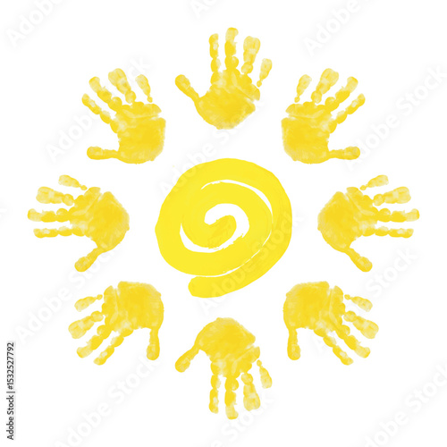 Circle of children's handprints. Vector illustration of chilren's palms on white backgound. International Children's Day. Bright yellow sun painted with paint. Sun with rays. World Sun Day
