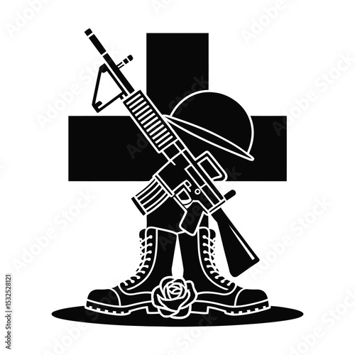 Fallen soldier memorial rifle boots helmet rose cross