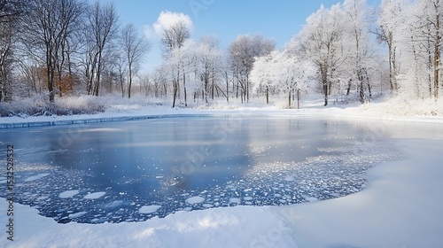 Frozen winter landscape with snow-covered trees and a tranquil ice-covered pond.