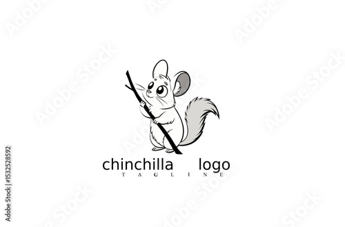 Whimsical Chinchilla Logo: A charming chinchilla logo design. The artwork depicts a gray chinchilla holding a stick, with elegant typography below. 