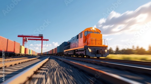 A vibrant orange freight train moves swiftly along tracks under a clear sky with a distant crane and green fields in the background during sunset.