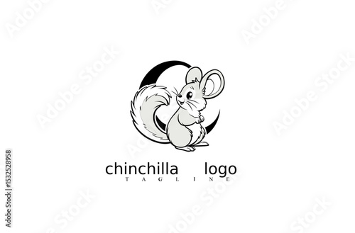 Chinchilla logo: A delightful black and white cartoon chinchilla, its fluffy tail curled jauntily, is the focal point of this logo.