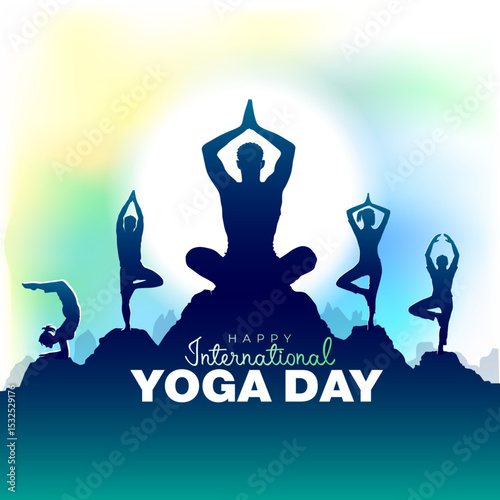 Happy International Yoga Day. Silhouette Vector illustration of Yoga body posture. Group of people practicing yoga background.