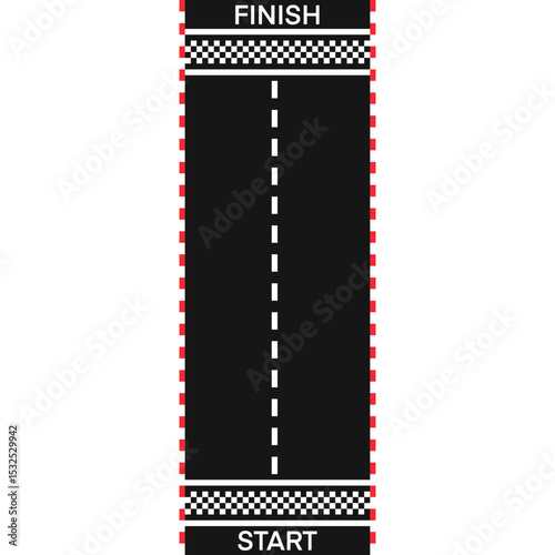 Race track with start and finish lines, dashed center line and checkered side borders, top view