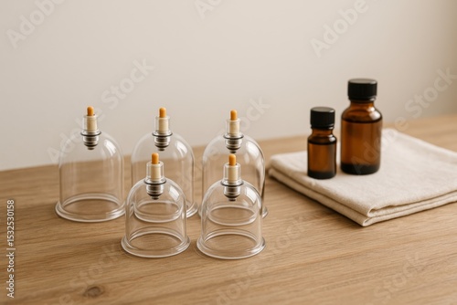 Cupping therapy tools on wooden table, transparent cupping therapy glasses, essential oils, linen cloth