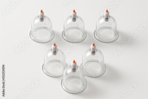 Transparent cupping therapy glasses stand in symmetrical pattern.