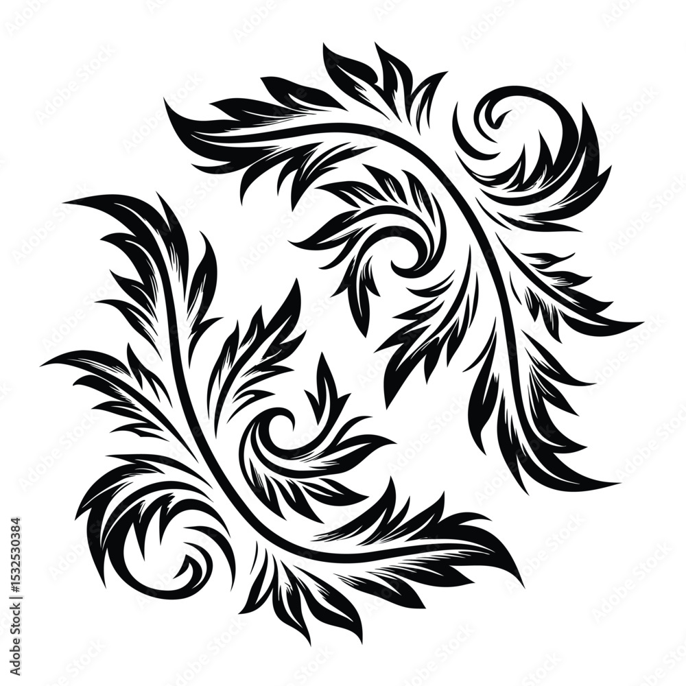 Obraz premium Decorative Black Foliage with Golden Accents and White Background Pattern Ornament
