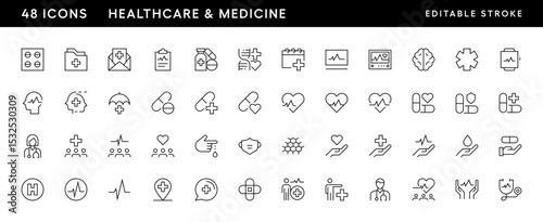 Healthcare and medical icon set. Hospitality, medical, pharmacy, clinical, drug, therapy, treatment and more. Editable stroke. Pixel Perfect. Grid base 32 x 32.