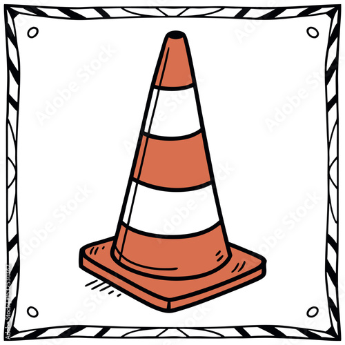 Orange Traffic Cone Depiction with Striped Pattern and Square Base