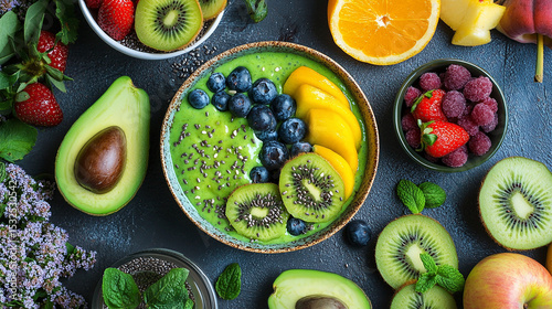 A healthy breakfast spread with avocado toast, smoothie bowl, chia pudding, and fresh fruit, vibrant and colorful