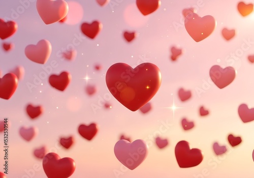 Romantic depiction of floating heart shapes against a soft pink and warm light background suitable for love and celebration.