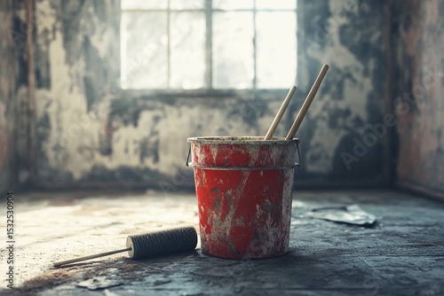 Bucket of paint with rollers and brushes sitting on the floor