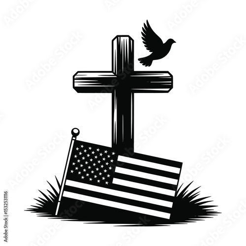 American military grave cross with dove and flag