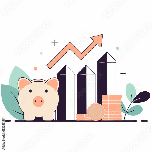 Pink piggy bank with an upward trending financial graph and coins, symbolizing successful savings, profitable investment, and economic growth