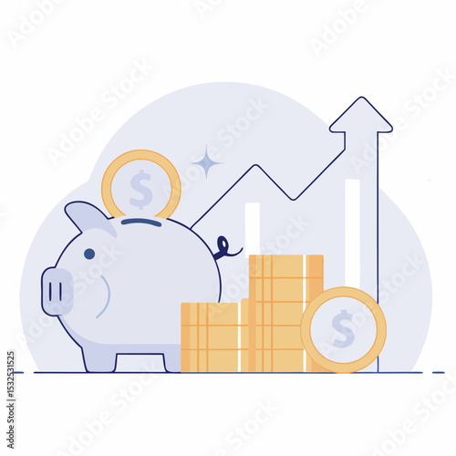 White piggy bank with dollar coins and an upward trending graph, illustrating financial growth, increasing savings, successful investment, and economic prosperity