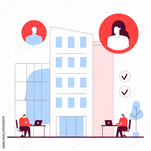 A vibrant illustration depicting a modern office building with employees working on laptops, signifying remote work, business operations, and virtual collaboration