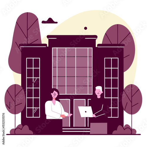 Purple-toned building with people at the entrance, one holding a laptop, representing real estate transactions, property management, and urban living