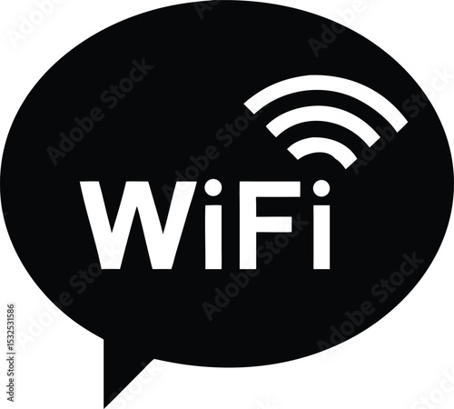 Black Speech Bubble, White WiFi Text and Signal Icon on Seamless White Background