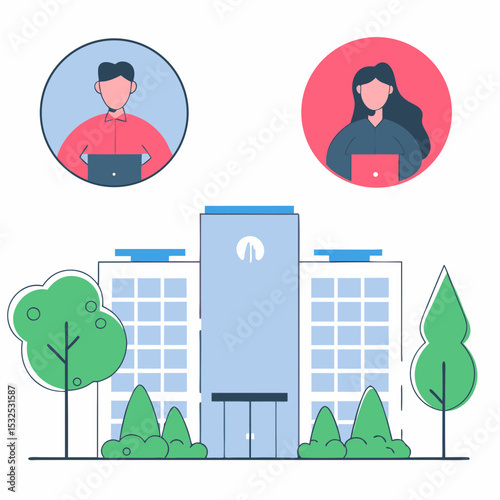 A contemporary illustration of a corporate building with diverse professionals, symbolizing remote work, business collaboration, and modern company operations