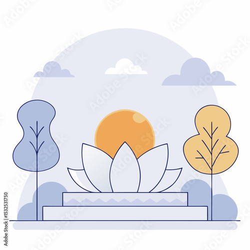 A beautiful illustration featuring a prominent lotus flower with a glowing orb, surrounded by minimalist trees and clouds, symbolizing spirituality, nature, and enlightenment