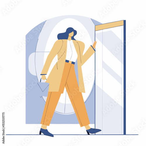 A sophisticated woman entering a dressing room or changing booth, representing fashion, retail, shopping experiences, and personal style