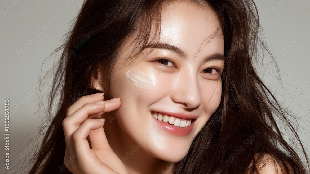 Close-up of a woman smiling while applying skincare cream on her cheek, highlighting beauty and healthy skin. Close-up of a woman smiling while applying skincare cream on her cheek, highlighting beauty and healthy skin.