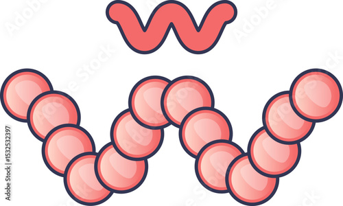 Illustration of a glucagon molecule with a chain of connected circles and a wavy line, symbolizing its structure.