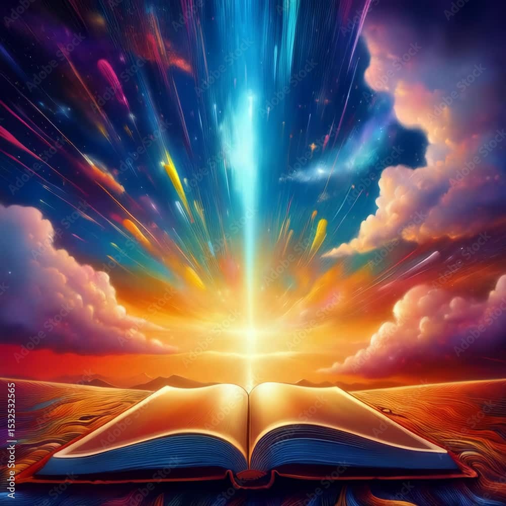 Enchanted Book: An open book radiates celestial light into the sky, igniting a vibrant burst of color and wonder in a surreal, dreamlike composition.
