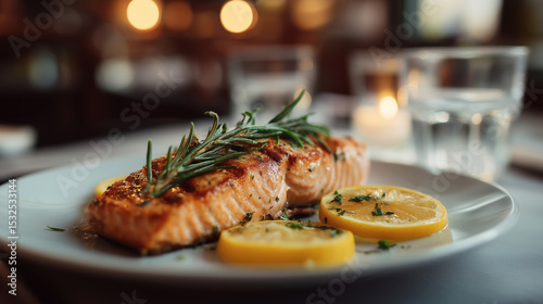 Wallpaper Mural Grilled salmon fillet garnished with rosemary and lemon slices Torontodigital.ca