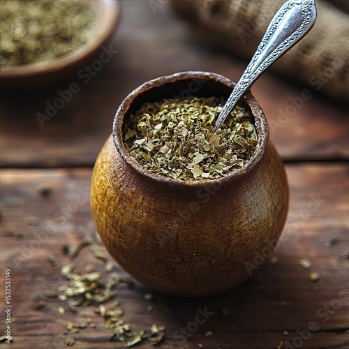 Traditional mate made of calabash over a wooden table with yerba mate scattered over it.