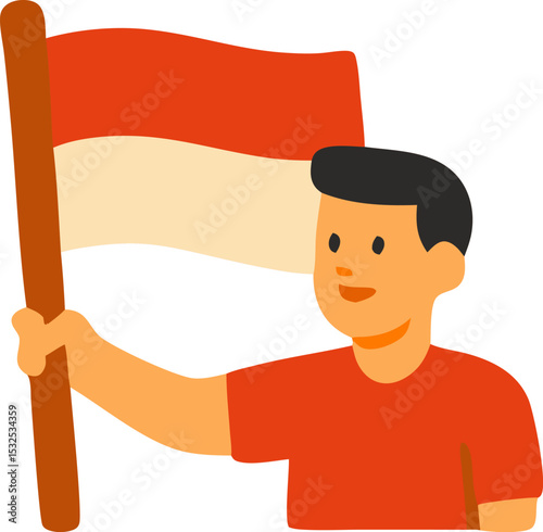 Illustration of a boy proudly holding Indonesias flag. Suitable for cultural diversity and national pride concepts in educational materials.