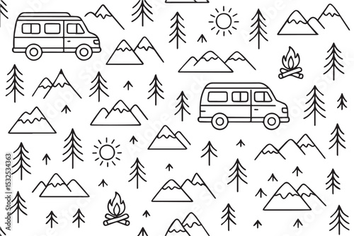 A black and white vector background features campervans, trees, and mountains, outlined in bold black to express freedom, travel, and outdoor lifestyle.

