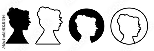 Female Head Profile Icon Set. Black Silhouette, Outline, and Circle Frames for Woman Avatars with Hair Bun icon. women, female or girl Outline, and Silhouette icon.