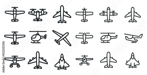 Aviation linear icons set – outline, aircraft symbols, flight and travel graphics