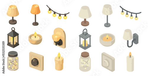 Home decor isometric icons set – 3d, lighting, candles and lamps collection