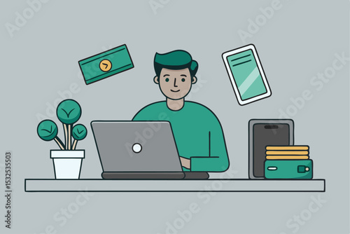 Cartoon man working on laptop with money phone tablet and plant