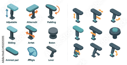 Ergonomic armrest icons set – isometric, 3d, adjustable and office chair designs